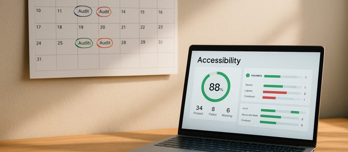 Accessibility Audit A calendar marked with 'Audit' and a laptop displaying an accessibility report with an 88% success rate.