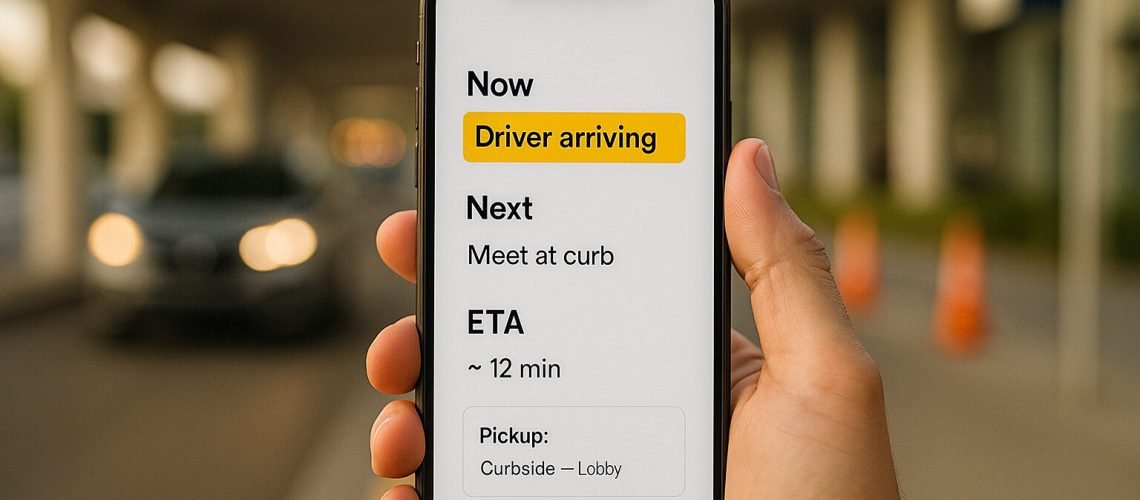 Ride Arriving Soon! A phone displays a ride-hailing app showing the driver is arriving with an ETA of 12 minutes at curbside pickup.