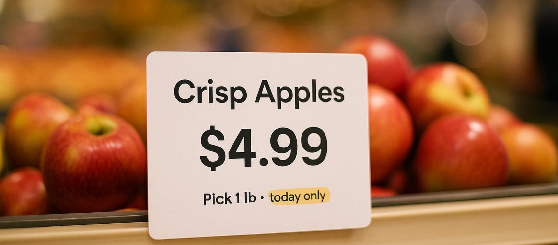 Apple Deal Alert! Crisp apples on sale for $4.99 a pound today only, displayed on a shelf in a grocery store.