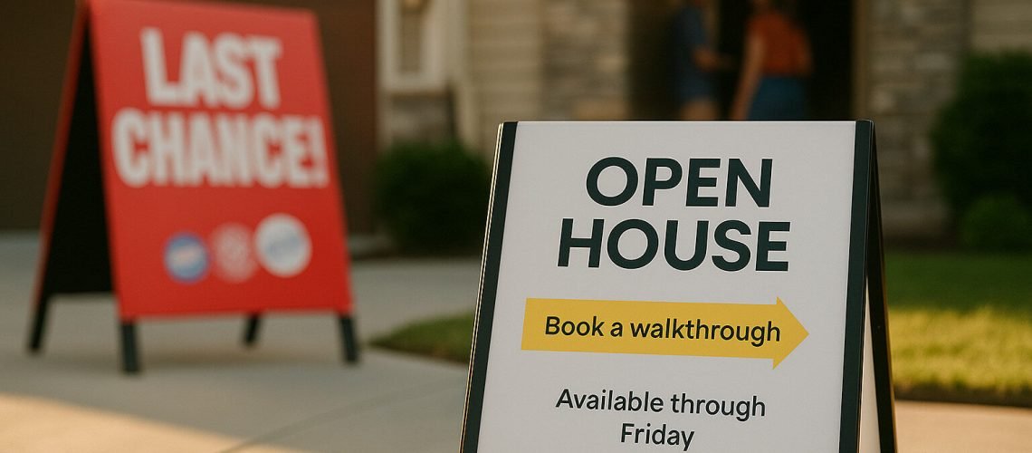 Open house sign and a last chance sign in front of a house with people at the door.