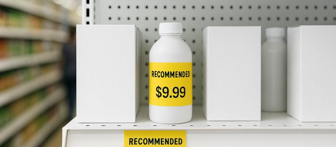 White bottle with a yellow "Recommended $9.99" label sits on a shelf with white boxes.
