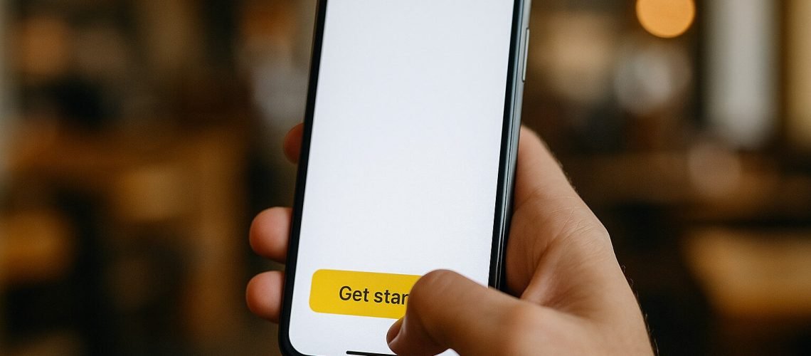 Mobile App Launch Hand taps a 'Get Started' button on a phone with a blank, white screen, on a blurred background.
