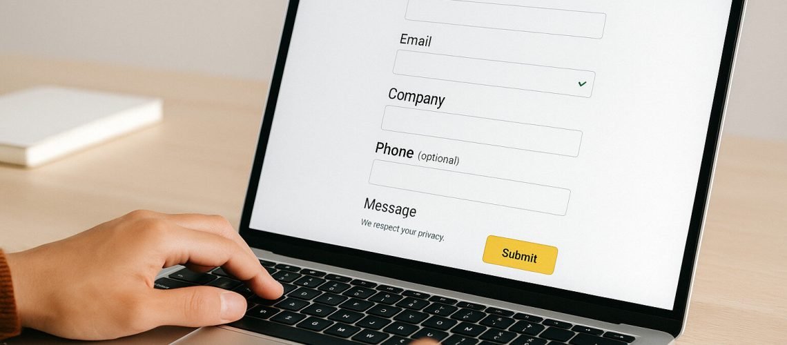 Contact Us Today! Hands typing on laptop displaying a contact form with fields for name, email, company, phone, and message.