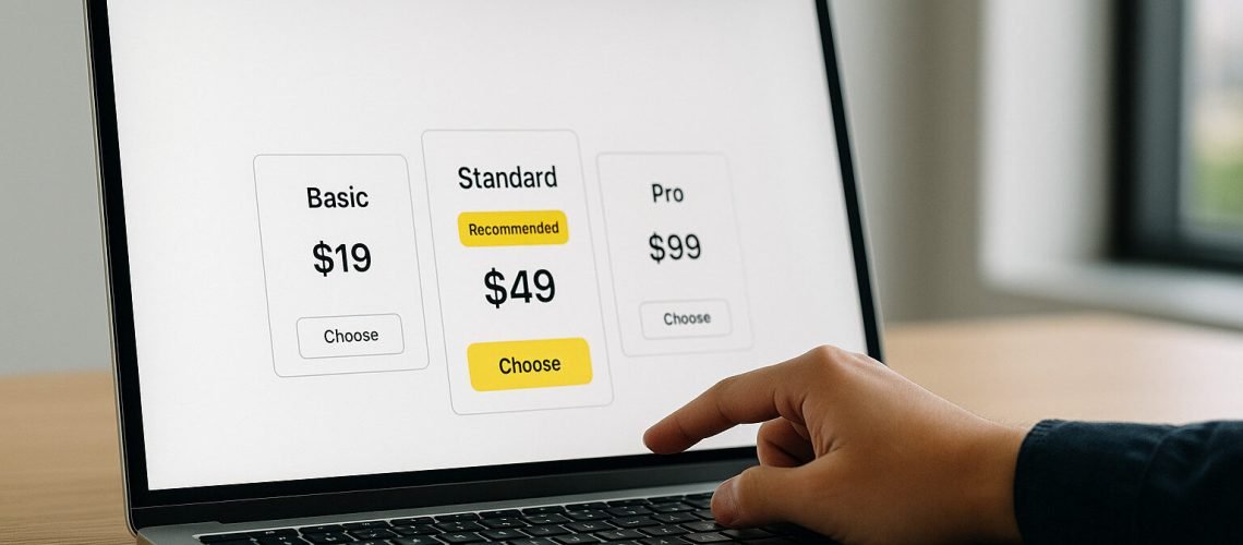 Choose Your Plan Person selecting 'Standard' plan, priced at $49, on a laptop showing tiered pricing options.