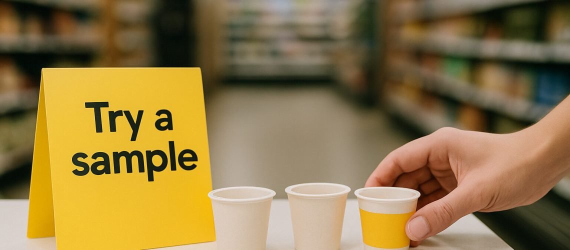 Free Sample Alert! Hand selecting a sample cup next to a sign saying 'Try a sample' in a grocery store aisle.
