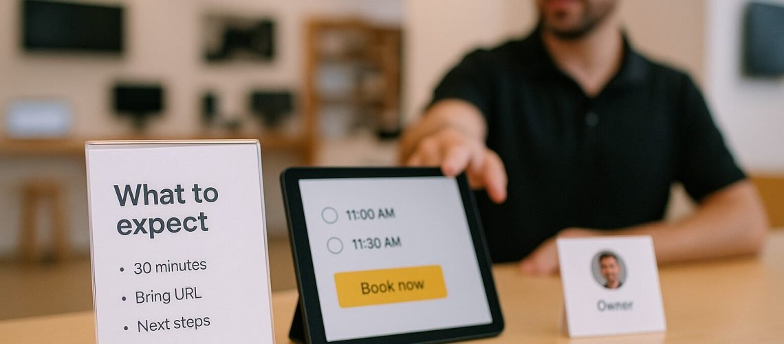 Easy Appointment Scheduling Scheduling kiosk showing available appointment times with an assistant pointing to the booking screen.