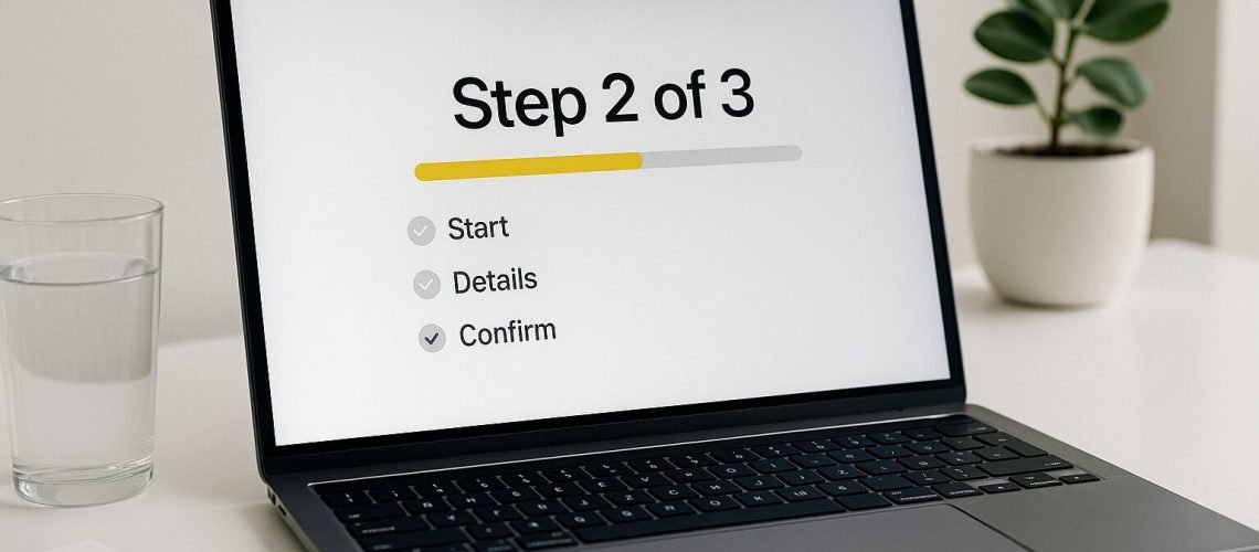 Progress in Process Laptop showing a progress bar labeled "Step 2 of 3," with start and confirm steps completed.