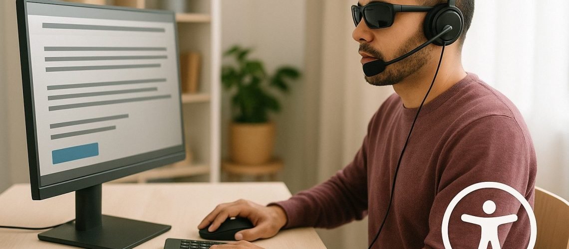 Ein Mann trägt eine Sonnenbrille und ein Headset, während er einen Computer mit Tastatur und Monitor benutzt.