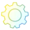 Illustration of a gear with a yellow-to-blue gradient fill and a black background.