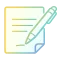 Icon of a pen writing on a lined sheet of paper with a folded corner, featuring a yellow-to-blue gradient.