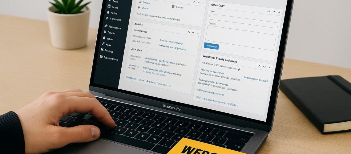 Laptop, auf dem eine Website angezeigt wird, mit einer auf der Tastatur ruhenden Hand und einem Sicherheitshinweis daneben.